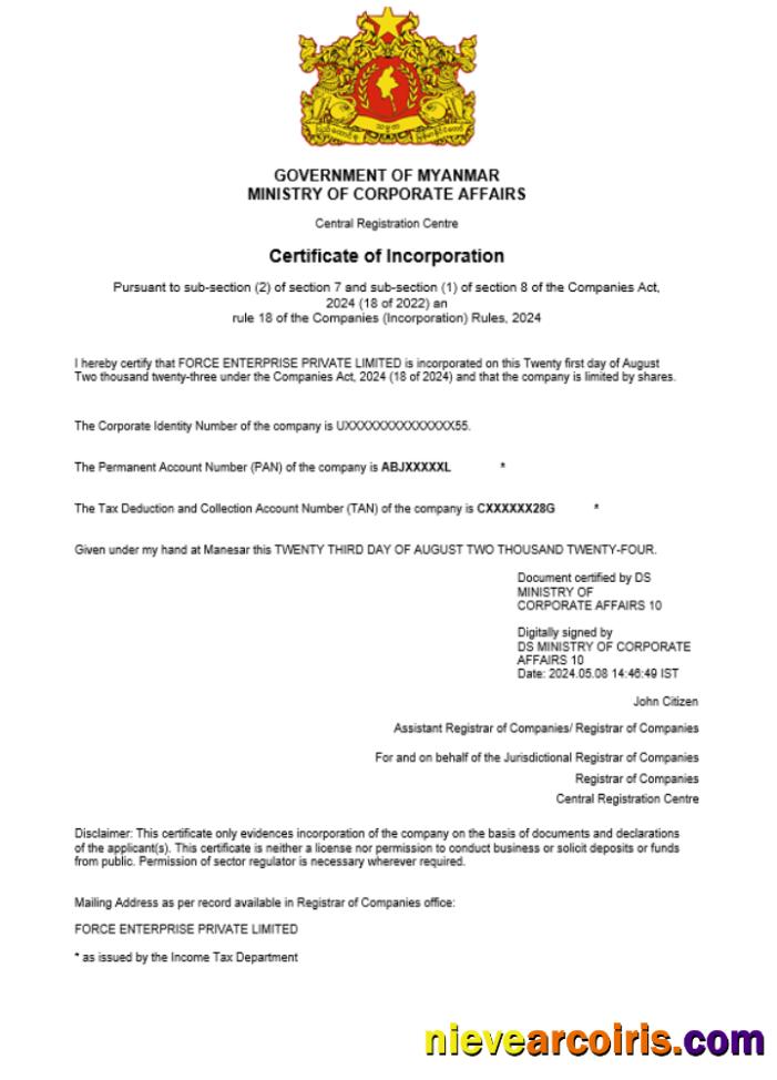 Myanmar  business registration certificate